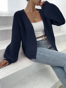 SHEIN Frenchy Solid Colored Lantern Sleeve Cardigan - Royal Blue - View 5