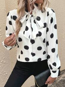 SHEIN Clasi 波點紋結領襯衫 - 白色 - 查看 5