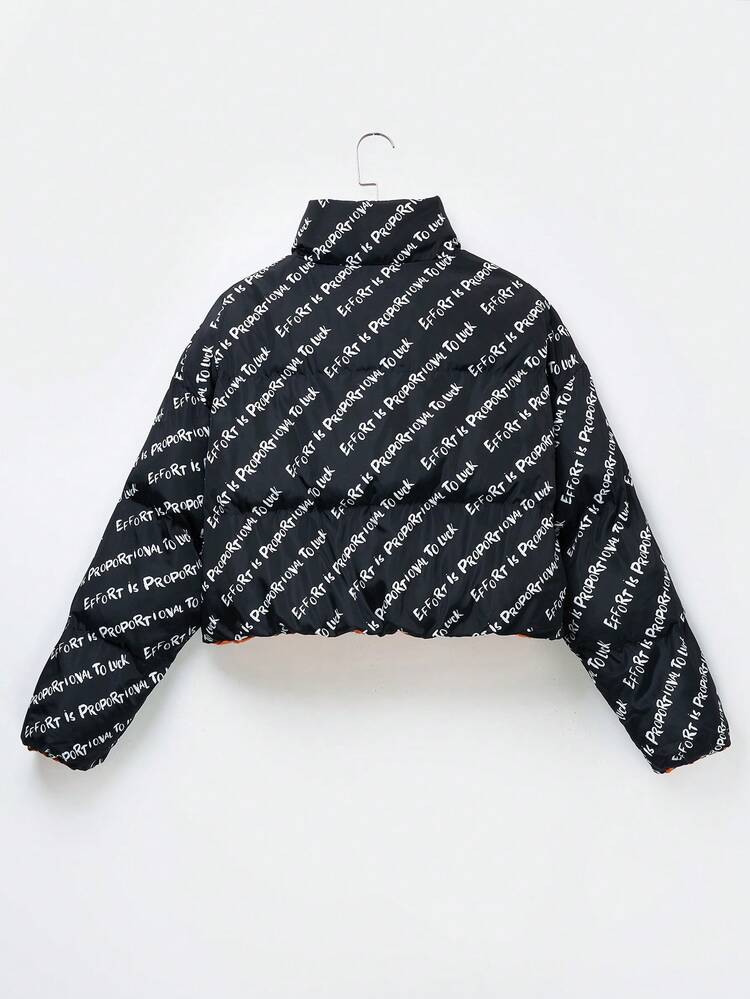 Women's Letter All Over Print Padded Coat In Fall/Winter