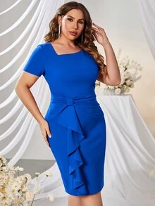 MUXXN Falda lápiz de cóctel con cuello de lazo, volantes en la cintura y el bajo, en estilo retro profesional - azul real - Ver 6