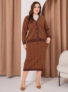 Mulvari Women'S Plus Size Full Printed Button Up Cardigan And Skirt Set 2 Piece Set - Brown - View 4