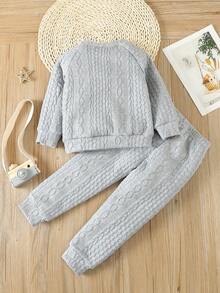 SHEIN Toddler Boys' Solid Color Texture Raglan Sleeve Sweater And Pants Set - Grey - View 2
