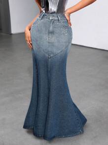 SHEIN BAE Women's Gradient & Rivet Decor Fish Tail Hem Denim Skirt - Blue - View 1