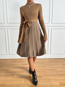 RosyDaze 女式帶鑲嵌魚骨圖案綁帶立領毛衣連身裙