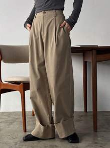 Dazy Designer Solid Color Fold-over Pleated Wide Leg Pants - Khaki - View 6