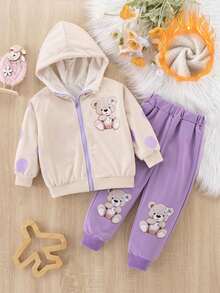 SHEIN Girls' Cartoon Patterned Sporty Casual 2pcs Outfit - Purple - View 4