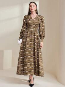 Modelyn 幾何圖案交叉領主教袖連身裙