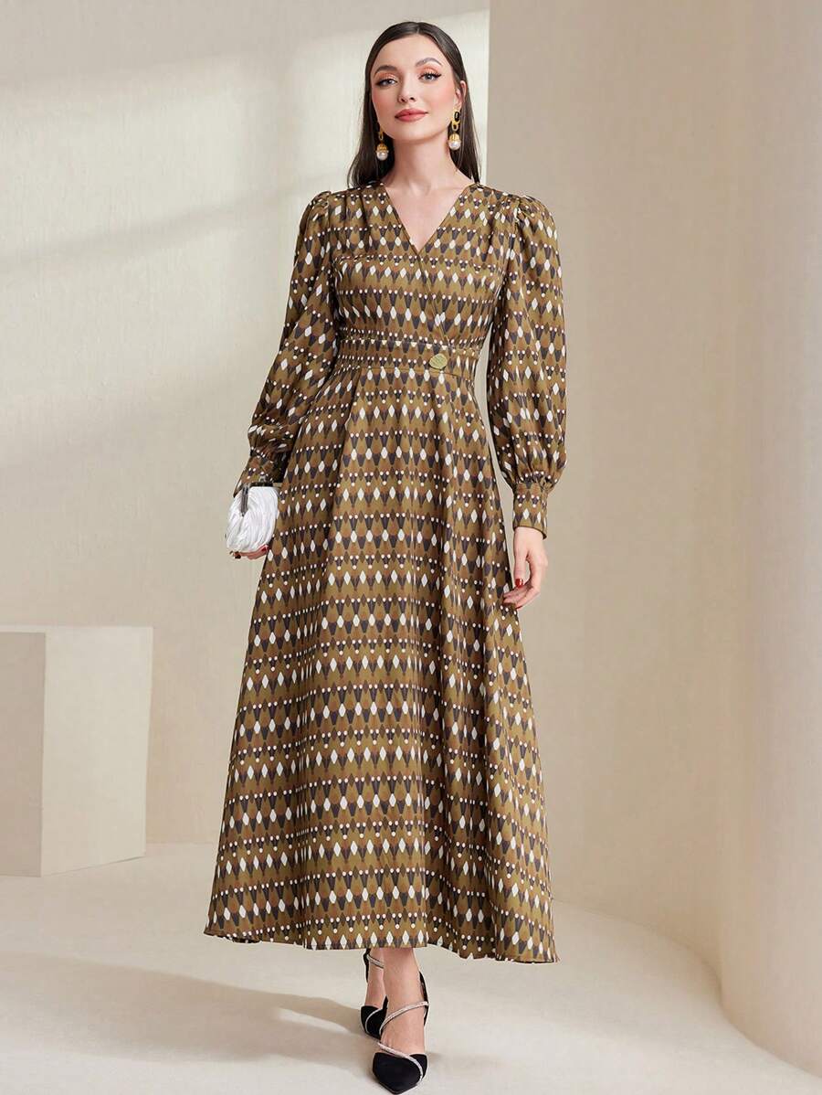 Modelyn 幾何圖案交叉領主教袖連身裙