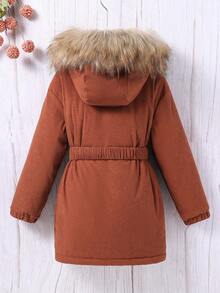 SHEIN Dziewczęca kurtka termiczna z kapturem, zamkiem błyskawicznym i kołnierzem, zimowa