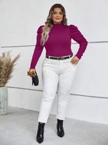 SHEIN Clasi Plus Size Solid Color Leg Of Mutton Sleeve Half Turtle Neck T-Shirt - Red Violet - View 3