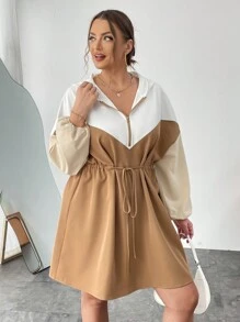 SHEIN Essnce Plus Size Color Block Hooded Dress - Multicolor - View 6