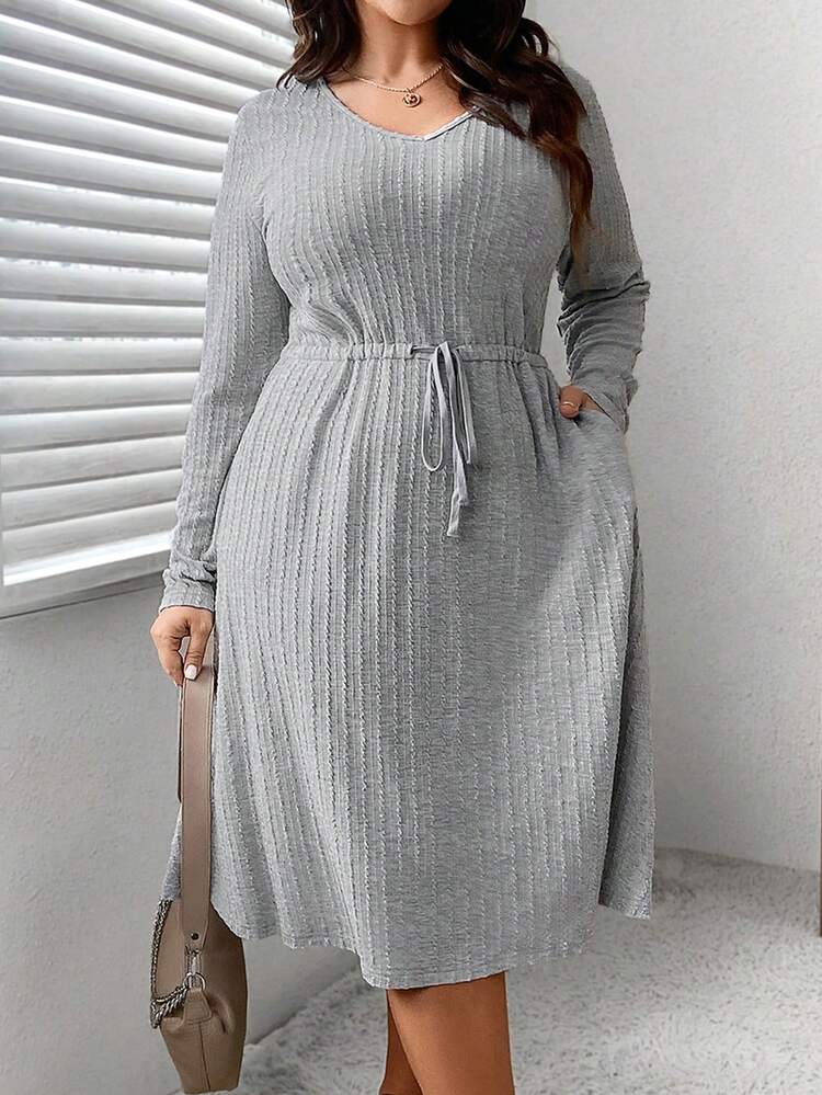 Plus Size Solid Color Drawstring Waist Dress
