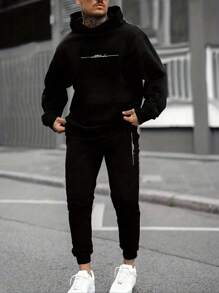 GENTILAND Herr Plus Storlek Bokstavstryck Hoodie Och Byxor Uppsättningar - Svart - Visa 1