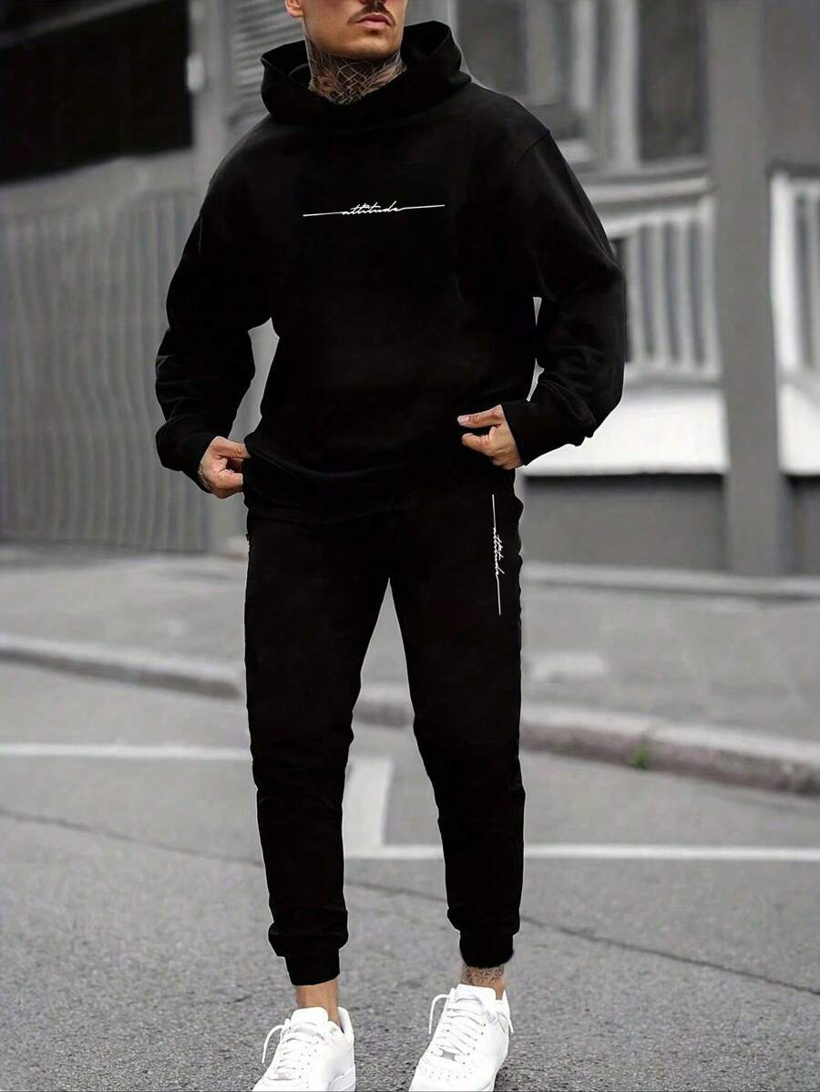 GENTILAND Herr Plus Storlek Bokstavstryck Hoodie Och Byxor Uppsättningar - Svart - Visa 1