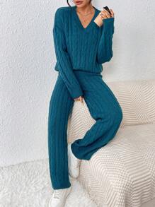 SHEIN Essnce 鴨綠色毛衣套裝,v領休閒針織衫套裝 - 綠色 - 查看 7