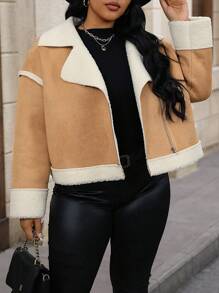 Calvaya Plus Size Color Block Turndown Collar Thermal Lined Jacket, Casual For Autumn/Winter - Khaki - View 4