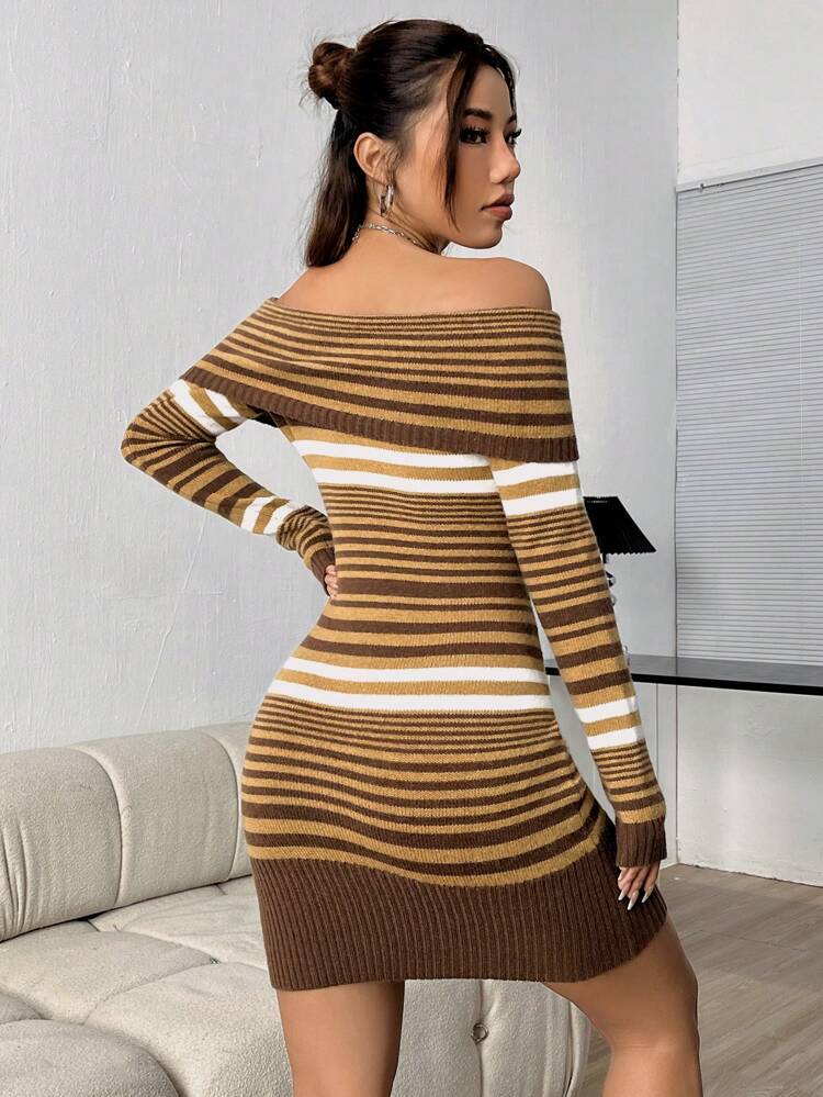 Women's Off-Shoulder Striped Knitted Sweater Dress Fall Cloth For Women