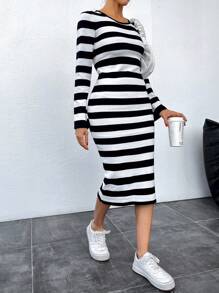 RueChic Women's Striped Knit Sweater Dress, Medium Length - Black and White - View 3