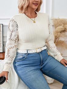 Calvaya Plus Size Women's Lace Patchwork Bodysuit - Apricot - View 4