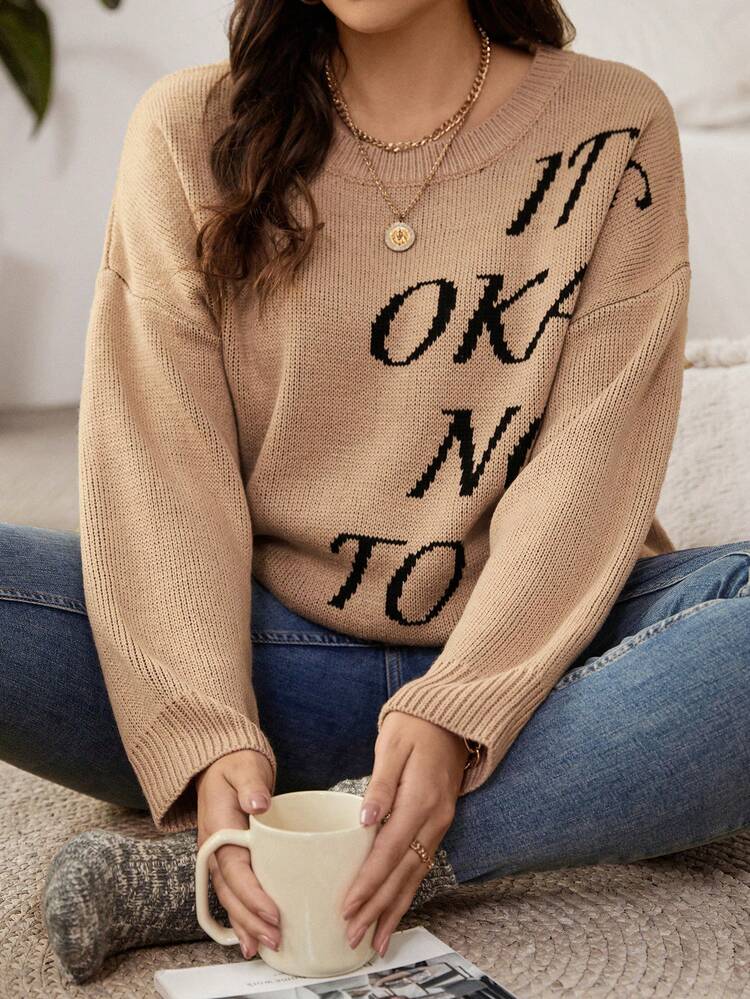 Women's Plus Size Letter Print Round Neck Drop Shoulder Sweater Knit Pullover Fall Winter Sweater