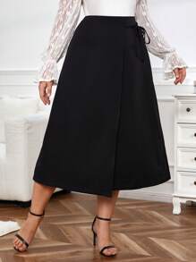SHEIN Privé Women's Plus Size Solid Color Wrap Skirt With Belt - Black - View 1