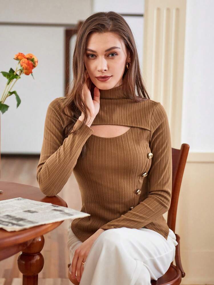 Women's Stand Collar Hollow Out Asymmetrical Hem T-Shirt