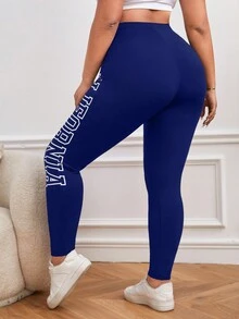 SHEIN EZwear 女性加大碼高腰帶字圖案緊身褲 - 藏蓝色 - 查看 2