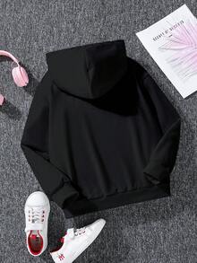 SHEIN 少女休闲可爱街头风卫衣，卡通人像印花 - 黑色 - 查看 2