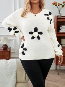 Calvaya 女士大尺碼花卉圖案落肩毛衣 - 白色 - 查看 3