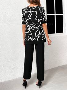 EMERY ROSE Woman's Asymmetrical Hem Round Neck Top And Trousers Two-Piece Set - Black and White - View 2