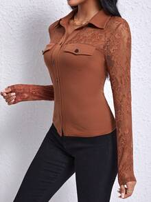 SHEIN Privé Women's Lace Patchwork Turn-down Collar Long Sleeve Top - Brown - View 4