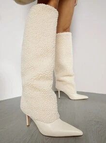 SHUZIA Women Plus Fleece Thick Pointed Toe High Heel Mid-Calf Boots Suitable For Daily Wear, Parties, Gatherings