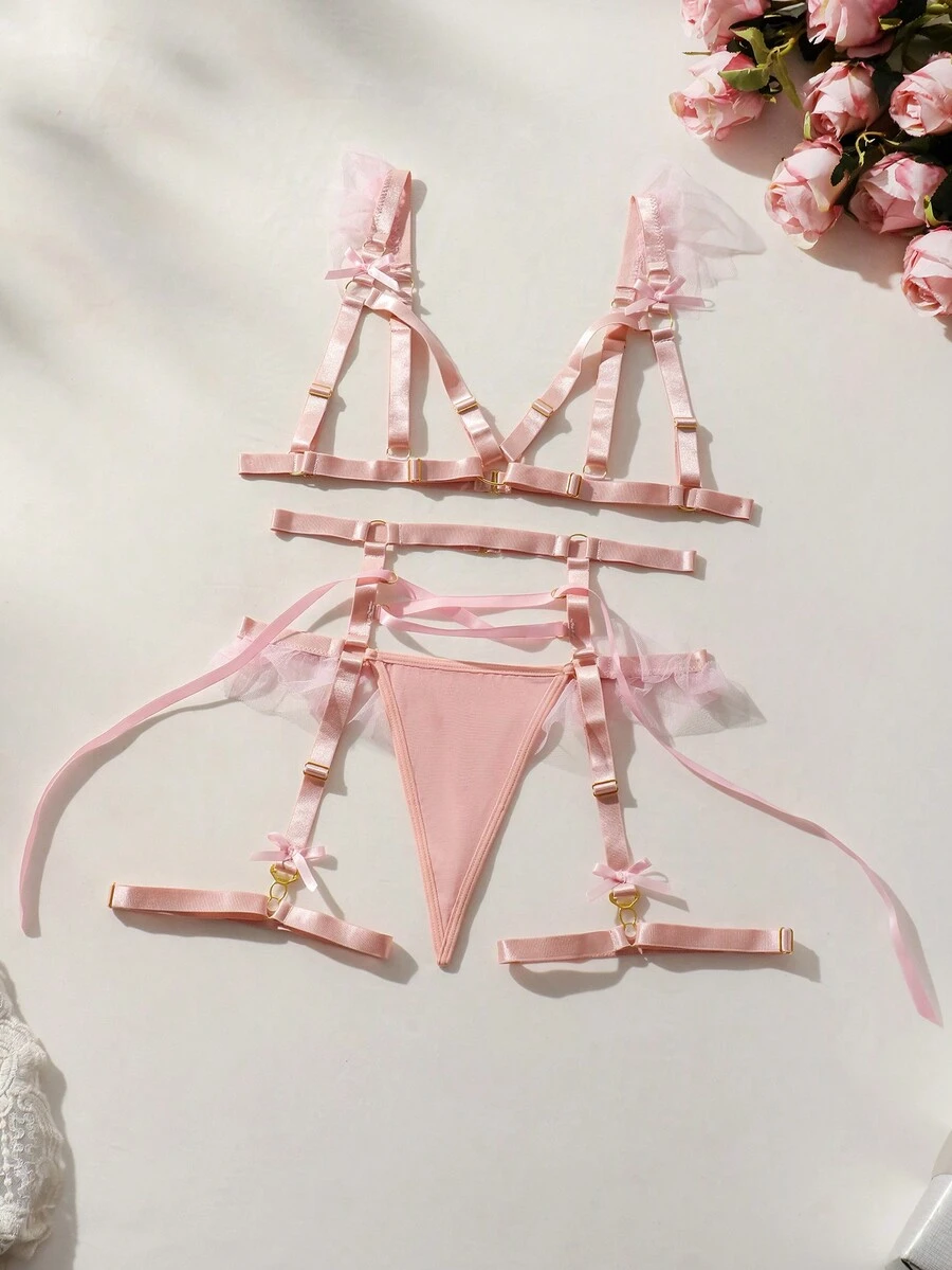 SHEIN 女士綁帶對比色性感內衣 - 粉色 - 查看 1