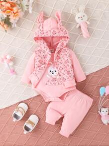 SHEIN Set Bayi Perempuan Zip Kartun Huruf Random Print - Berwarna merah muda - View 6