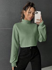 SHEIN EZwear 女款純色高領落肩短版 T 卹 - 薄荷綠 - 查看 4