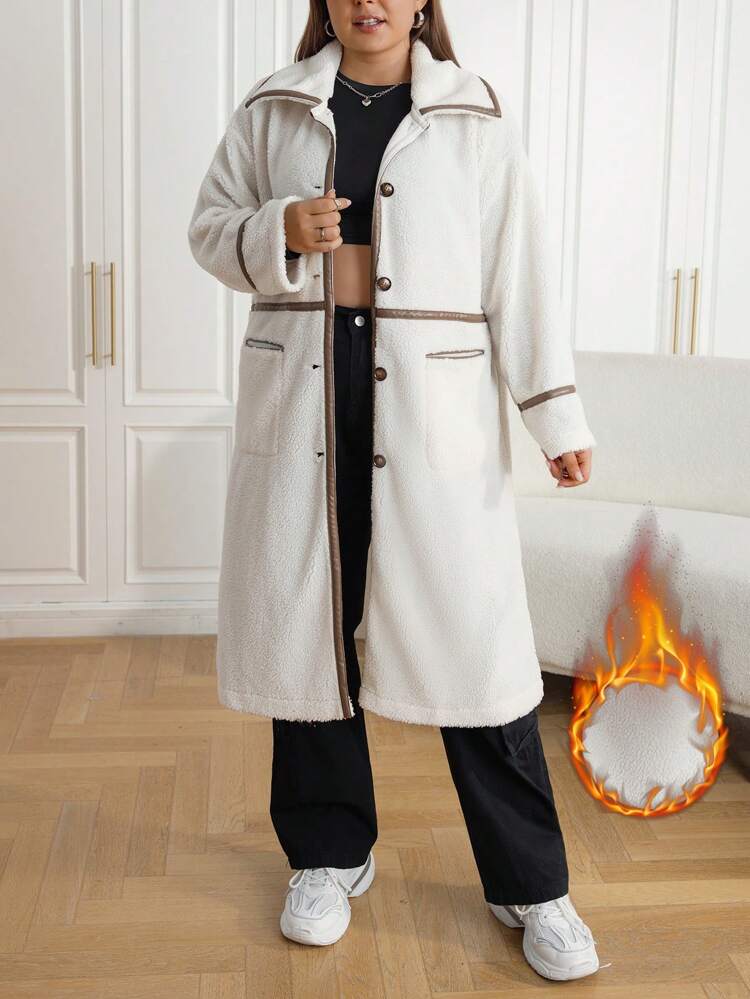 Women's Plus Size Teddy Coat With Contrast Trim