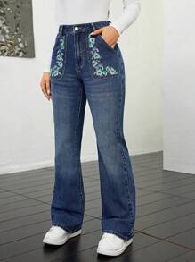 SHEIN Privé Women's Floral Embroidery Flared Jeans - Medium Wash - View 6