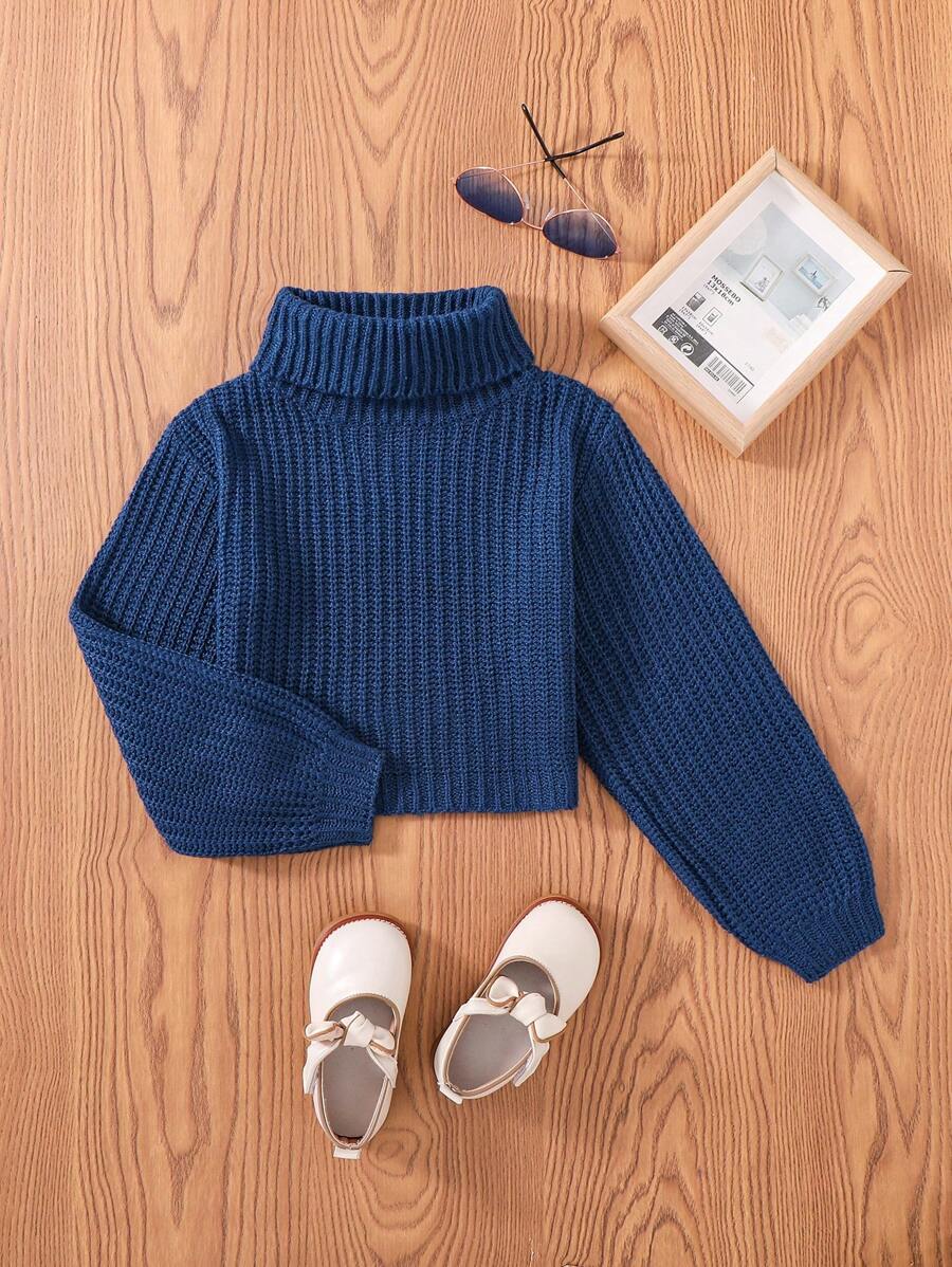 SHEIN Tween Girl Turtleneck Drop Shoulder Sweater - Navy Blue - View 1