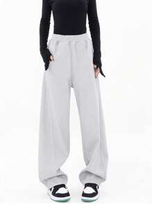 INAWLY 女款純色高腰鬆緊腰寬腿九分褲 - 灰色 - 查看 1