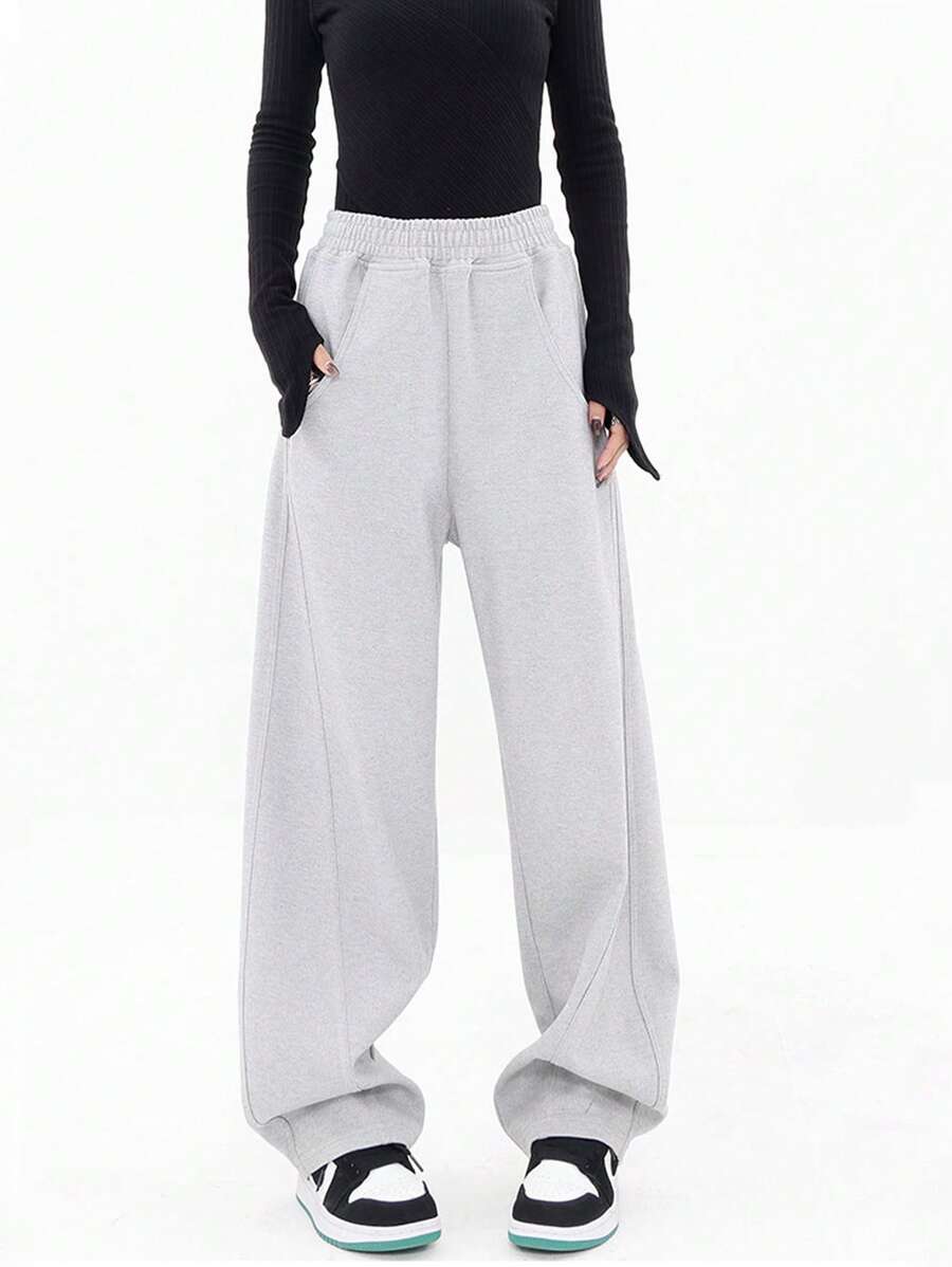 INAWLY 女款純色高腰鬆緊腰寬腿九分褲 - 灰色 - 查看 1