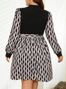 SHEIN LUNE 女式加大码圆领针织腰带几何印花连衣裙 - 黑色 - 查看 2