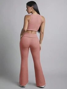 SHEIN PETITE Ladies' Solid Color Sleeveless Top & Flared Pants Set - Dusty Pink - View 2