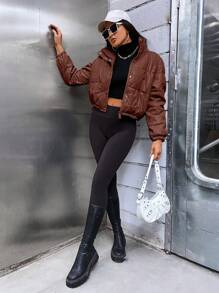 SHEIN EZwear Áo khoác đệm ngắn giản dị màu trơn da PU khóa kéo phía trước cho nữ mùa đông - Cà phê nâu - Xem 4