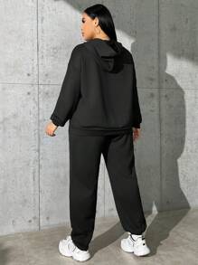 SHEIN EZwear 女裝大碼純色連帽運動服套裝,帶束口,上衣和褲子套裝 - 黑色 - 查看 2