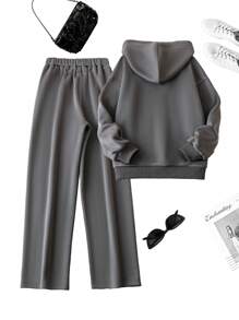 Chiquease 女士素色舒適運動上衣和運動褲套裝 - 深灰色 - 查看 2