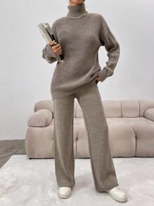 EURMUSE Turtleneck Drop Shoulder Sleeve Sweater And Pants Set