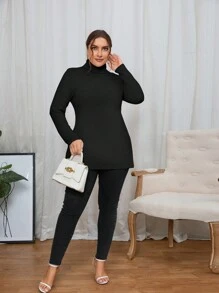 SHEIN Essnce Kích thước lớn Thon gọn Áo cao cổ Tay áo dài Áo thun - màu đen - Xem 3