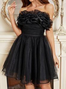 SHEIN Belle Women's Mesh Ruffle Pleating Detailing Cocktail Dress With A-Line Dress - Black - View 4