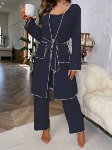 Women's Long-Sleeved Belted Robe And Cami Top & Long Pants Home Wear Set Outfit - Navy Blue - View 6