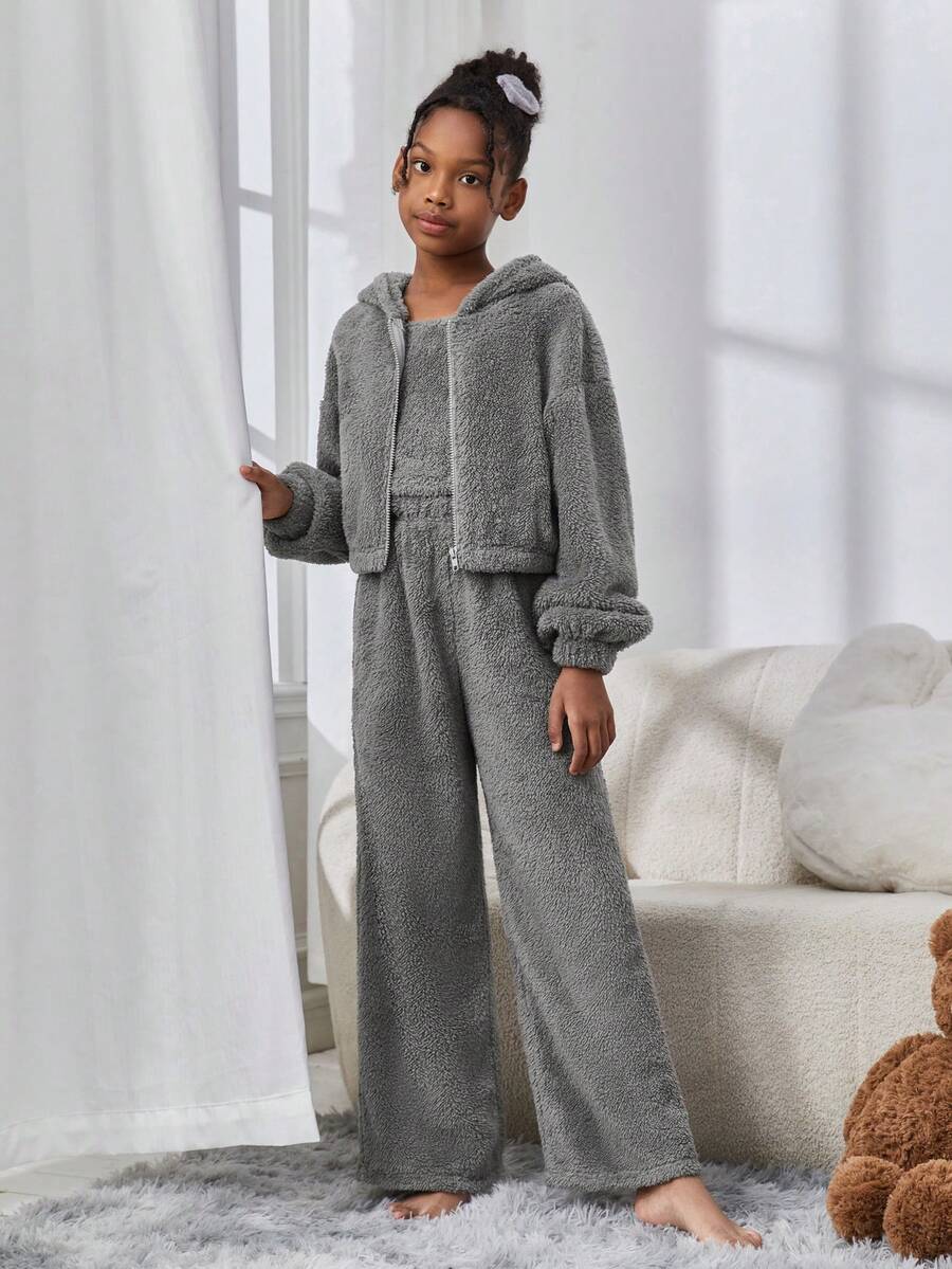 SHEIN Tween 女童秋冬休闲家居针织纯色连帽开衫上衣搭配吊带背心和纯色长裤 - 灰色 - 查看 1